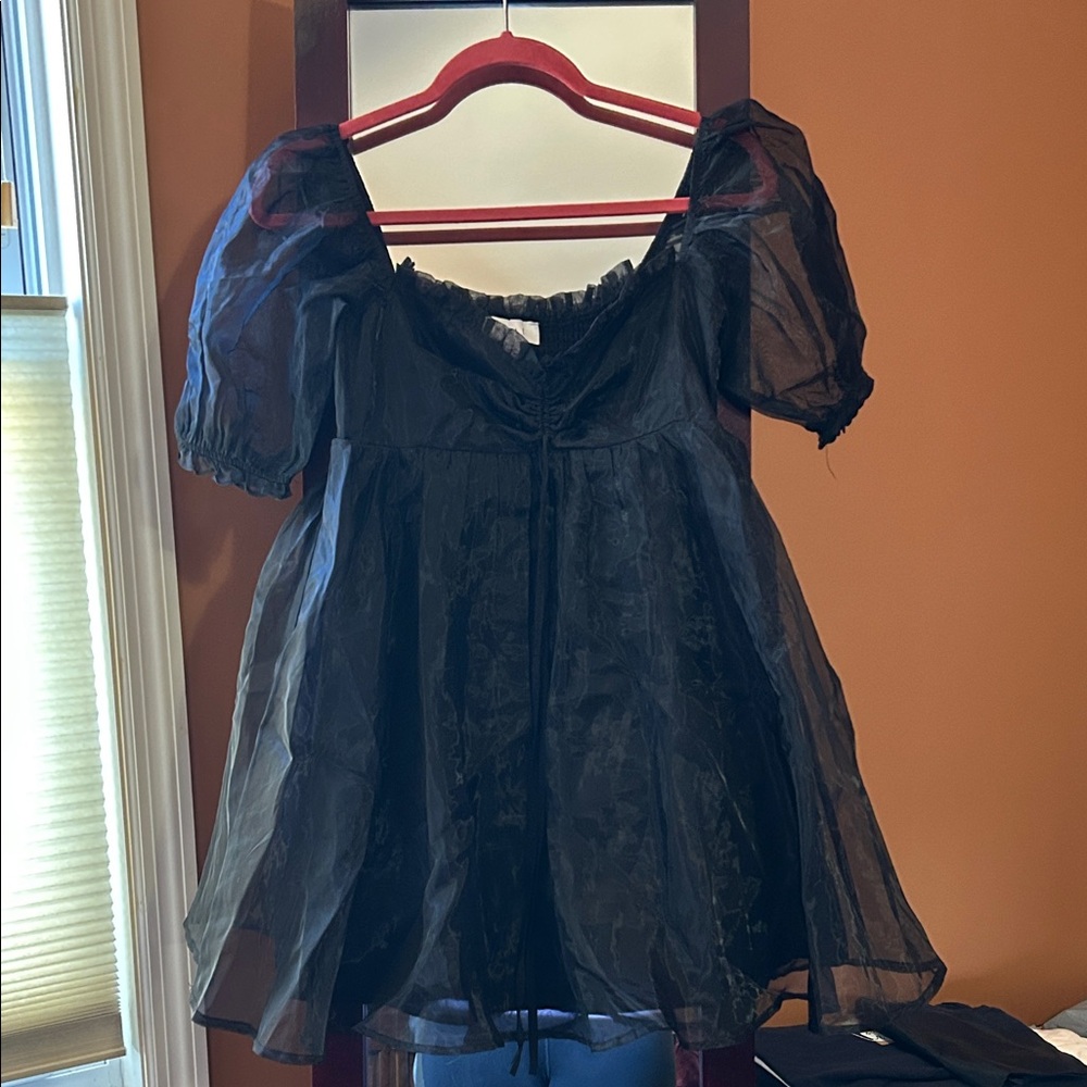MARBLE Sheer Black Mini Dress with Puff Sleeves